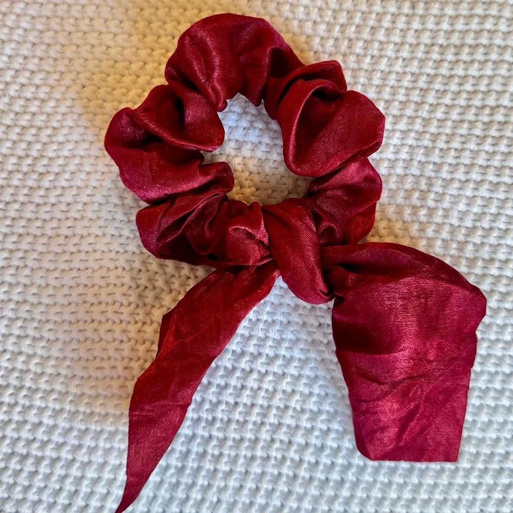 Silky Burgundy Hair Scrunchie w Bow Preppy Hair Tie